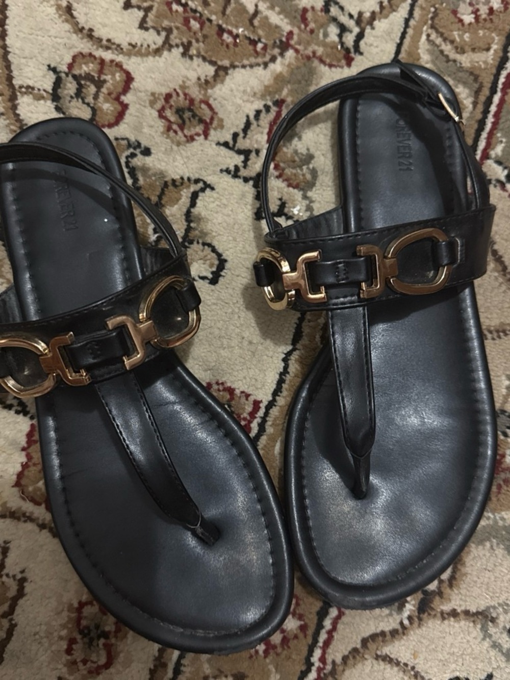Forever 21 Black Thong Sandals with Gold Chain Accent